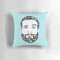 Vibrant floral and nature-inspired pillow featuring a man with a beard