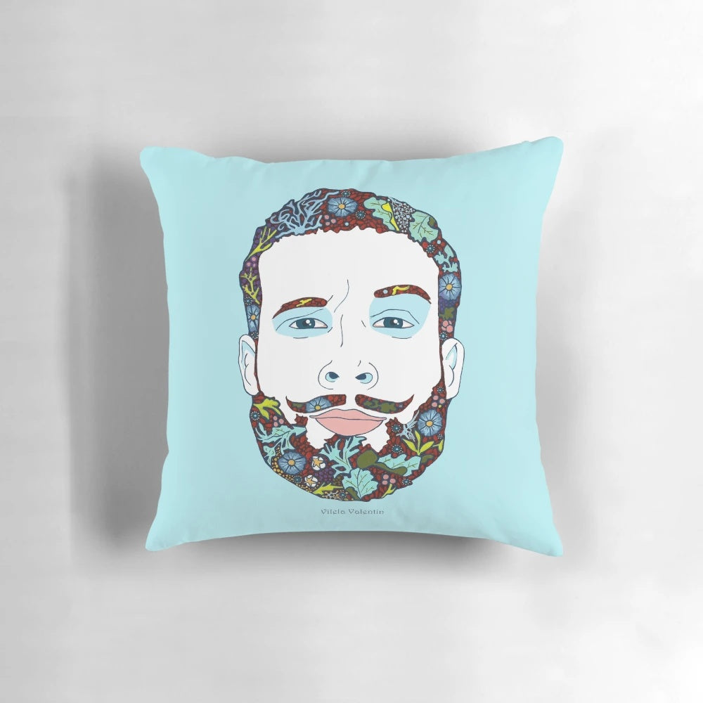 Vibrant floral and nature-inspired pillow featuring a man with a beard