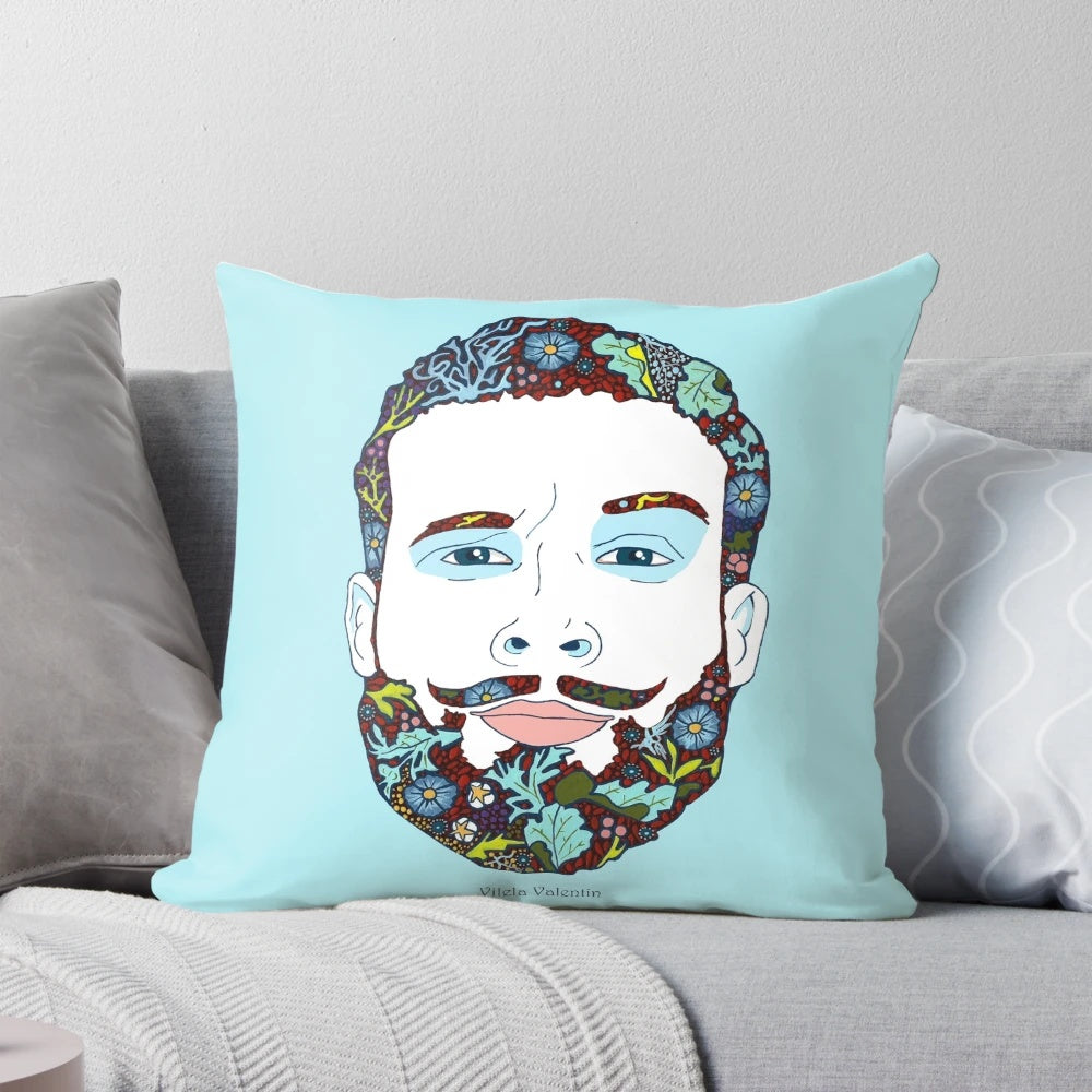 Vibrant floral and nature-inspired pillow featuring a man with a beard