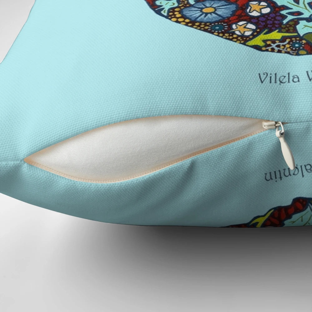 Vibrant floral and nature-inspired pillow featuring a man with a beard