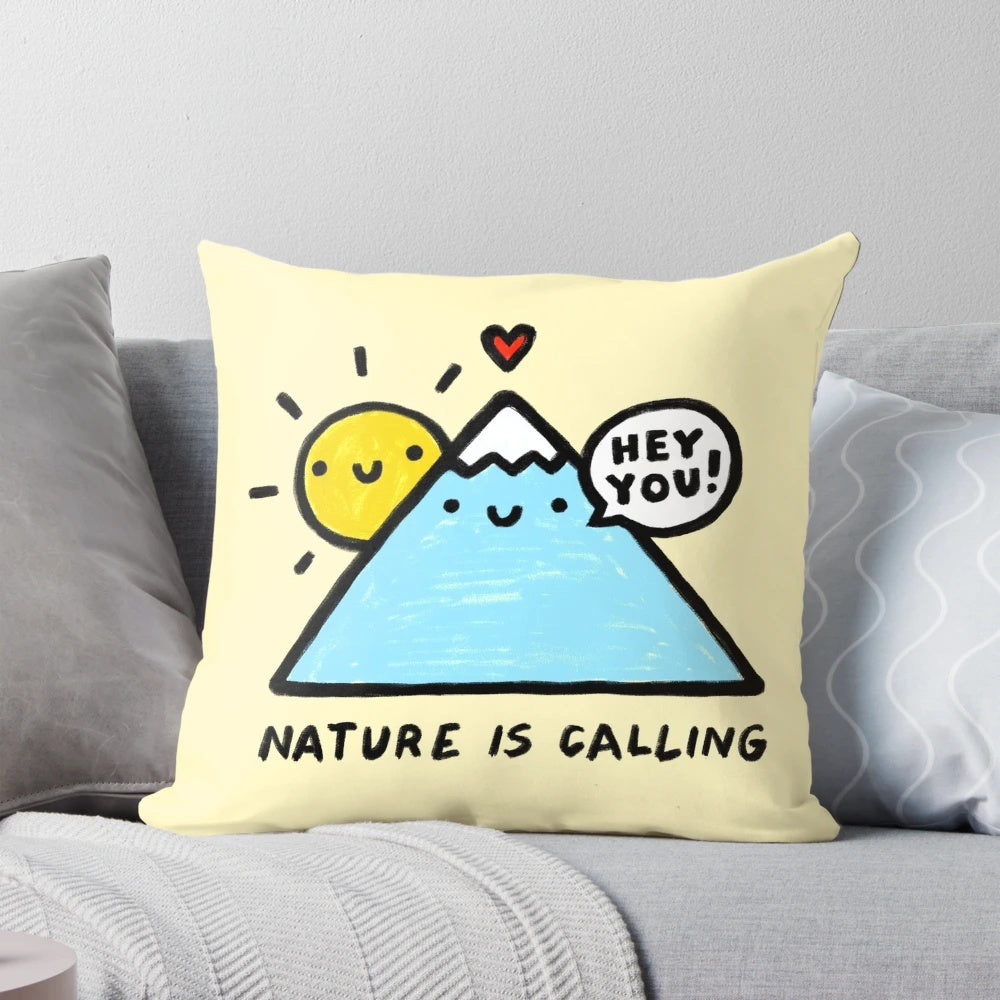 Soft and cuddly "Hey You! Nature is Calling" plush pillow with nature-inspired design