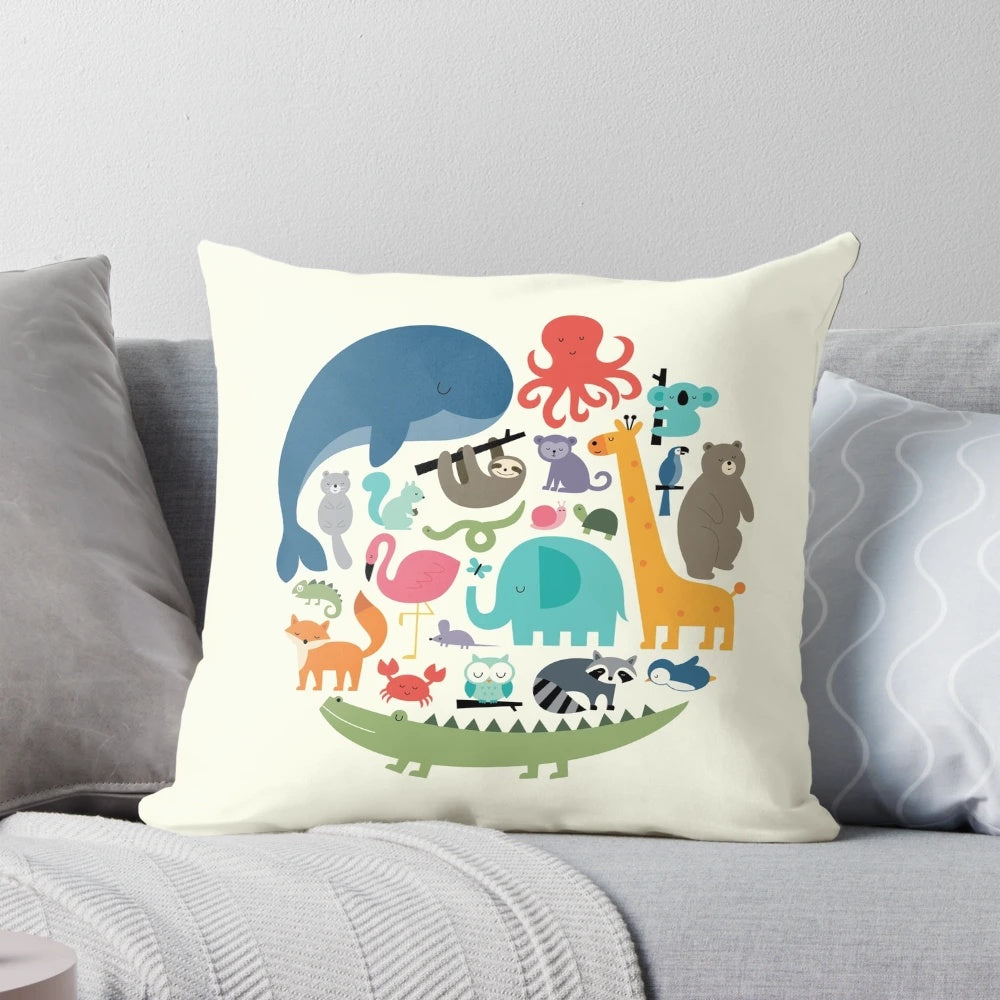 A cozy pillow featuring a vibrant animal print design, representing the unity and diversity of nature.
