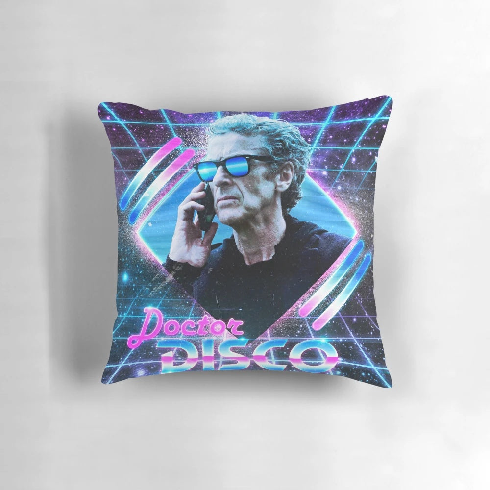 Doctor DISCO Pillow featuring the 12th Doctor, Peter Capaldi, in a retro 80s disco style