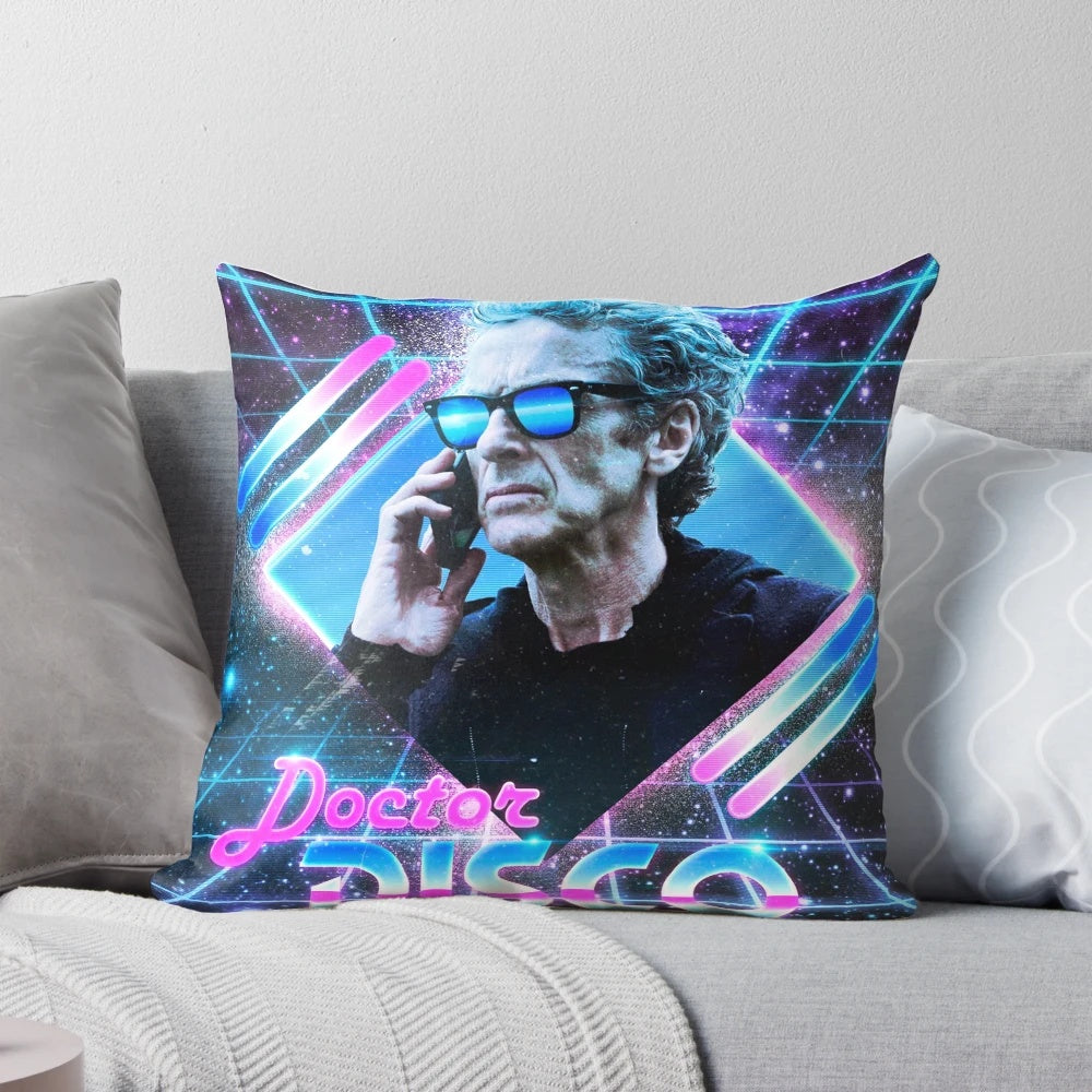 Doctor DISCO Pillow featuring the 12th Doctor, Peter Capaldi, in a retro 80s disco style
