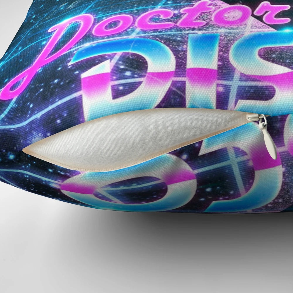 Doctor DISCO Pillow featuring the 12th Doctor, Peter Capaldi, in a retro 80s disco style