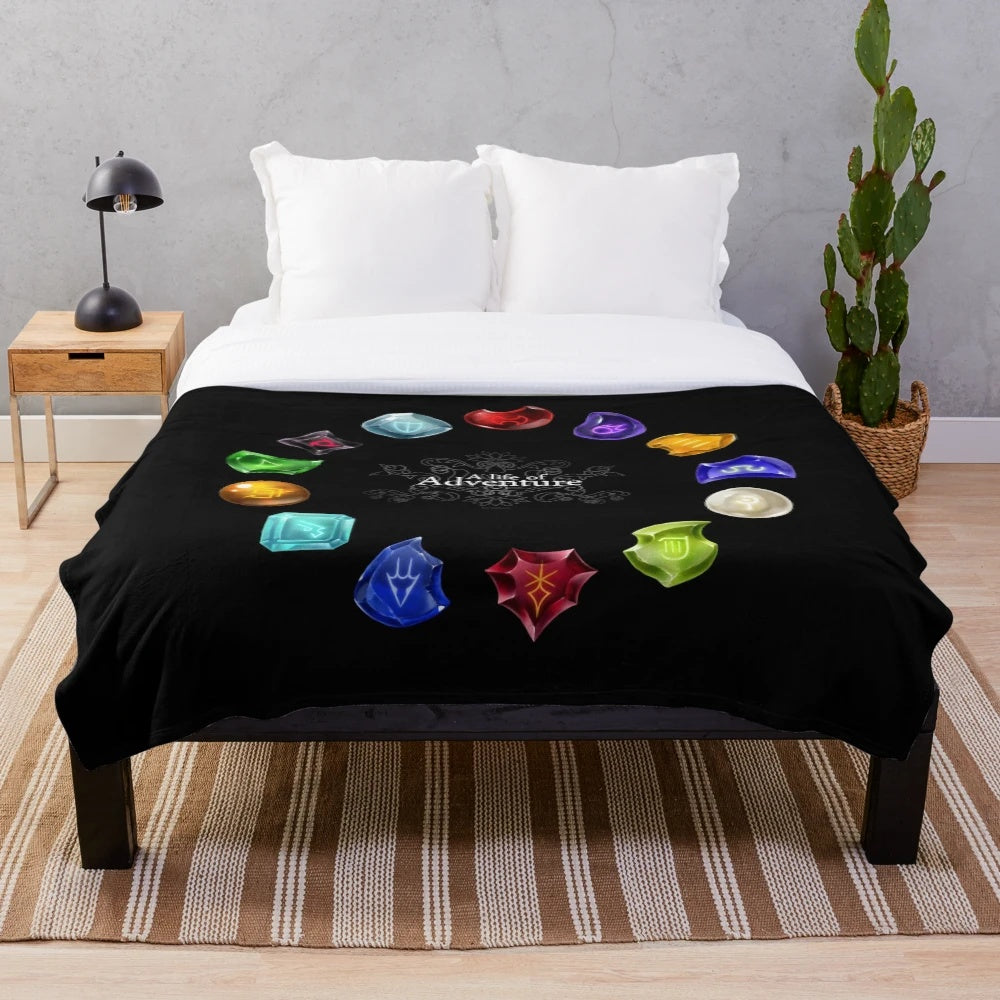 A cozy plush blanket featuring a final fantasy-inspired adventure theme with crystals and gems