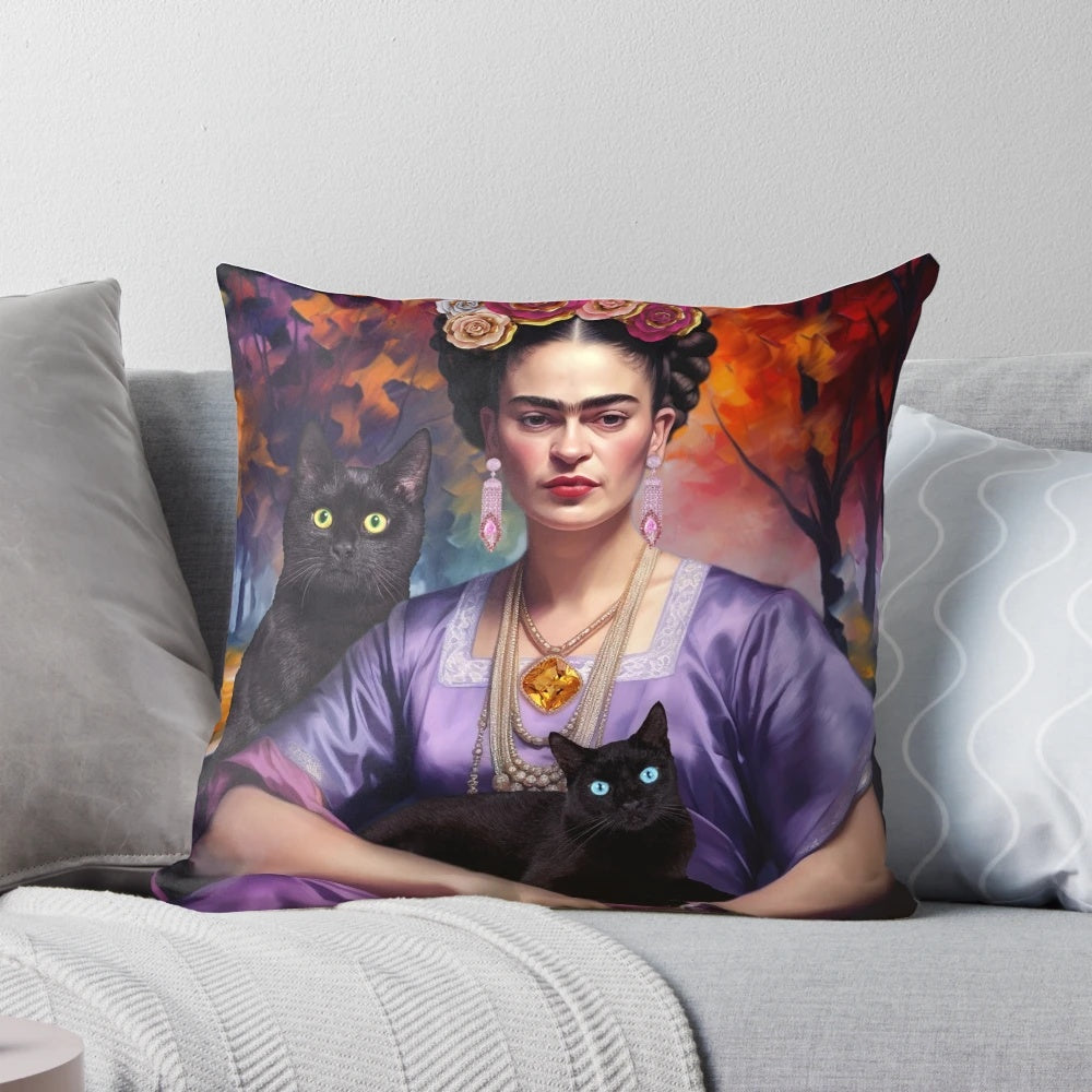 Vibrant Frida Kahlo-inspired decorative pillow featuring her iconic portrait