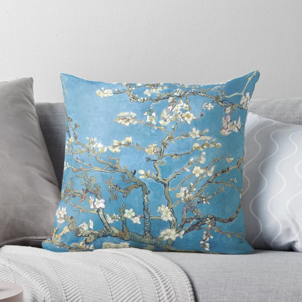 Pillow featuring the iconic "Branches with Almond Blossom" painting by Vincent van Gogh
