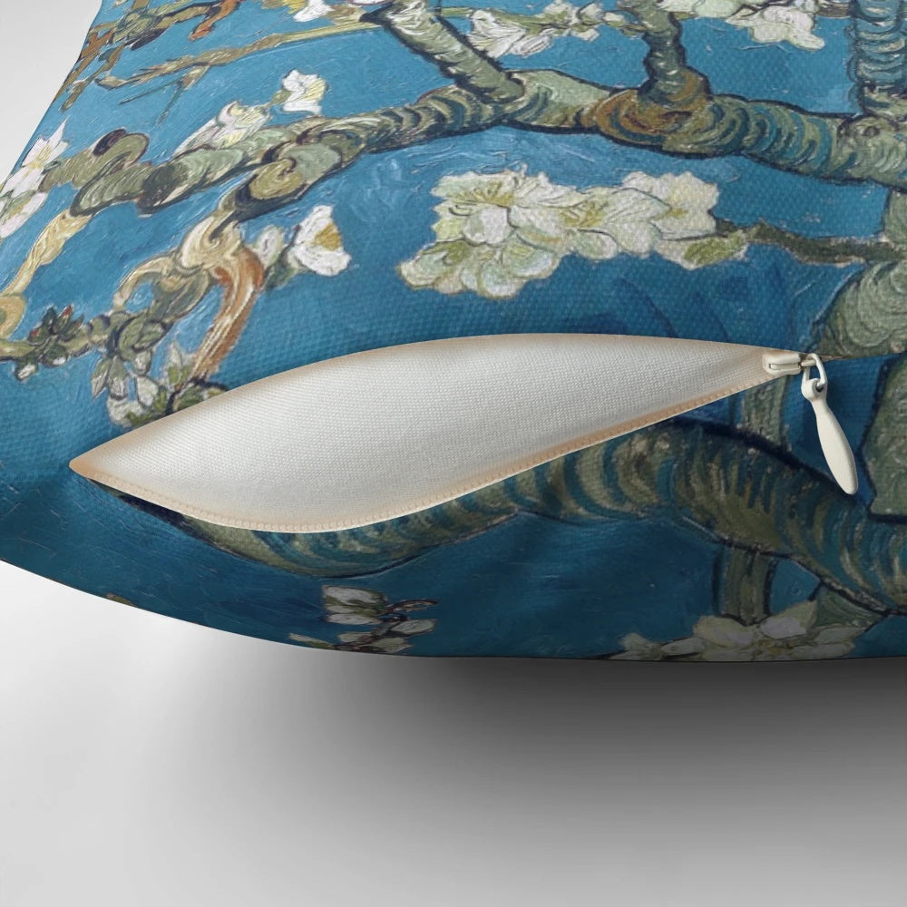 Pillow featuring the iconic "Branches with Almond Blossom" painting by Vincent van Gogh