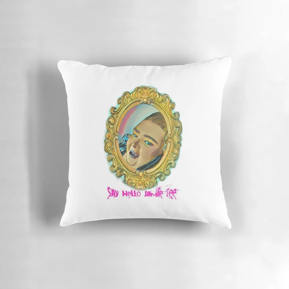 A cozy and stylish "Say Hello Jamie Lee" pillow featuring a popular quote from Northern Ireland's TikTok sensation.