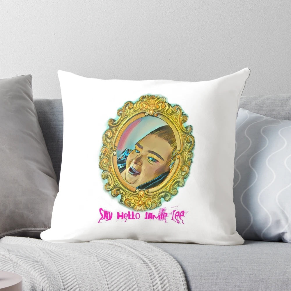 A cozy and stylish "Say Hello Jamie Lee" pillow featuring a popular quote from Northern Ireland's TikTok sensation.