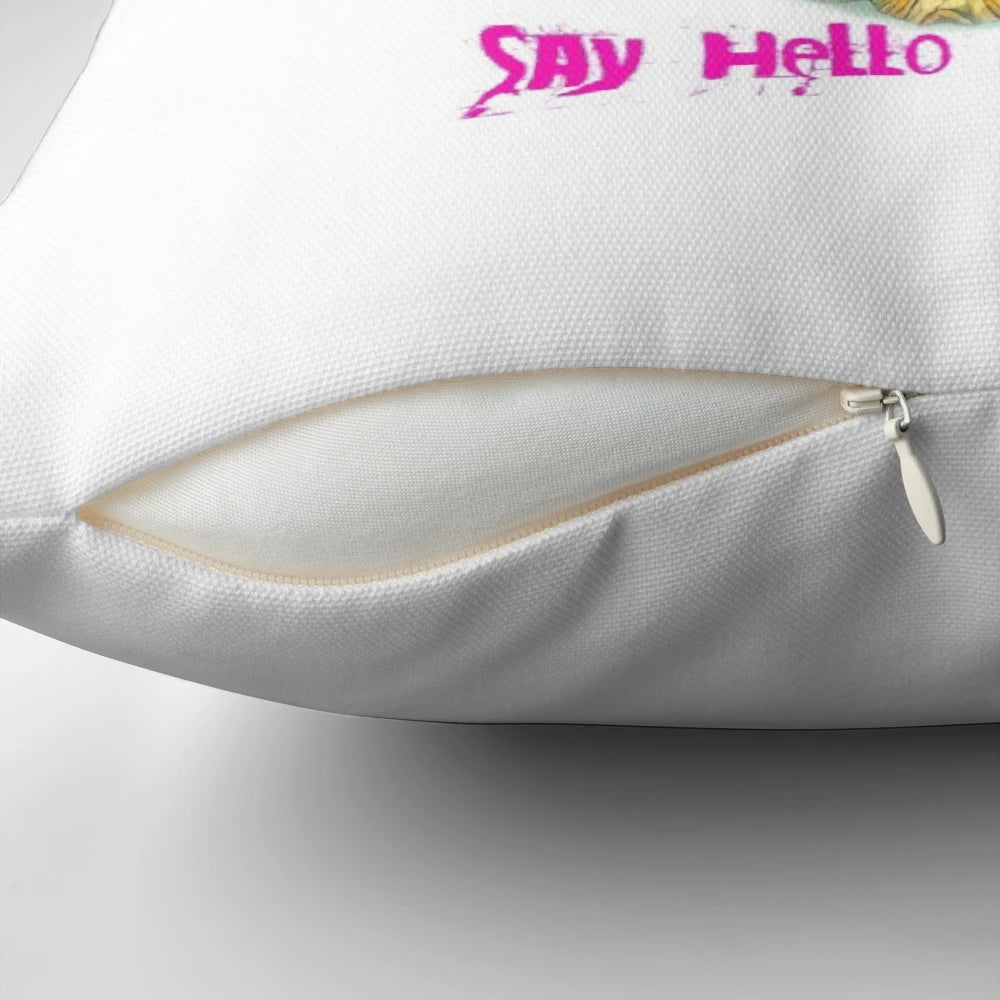 A cozy and stylish "Say Hello Jamie Lee" pillow featuring a popular quote from Northern Ireland's TikTok sensation.