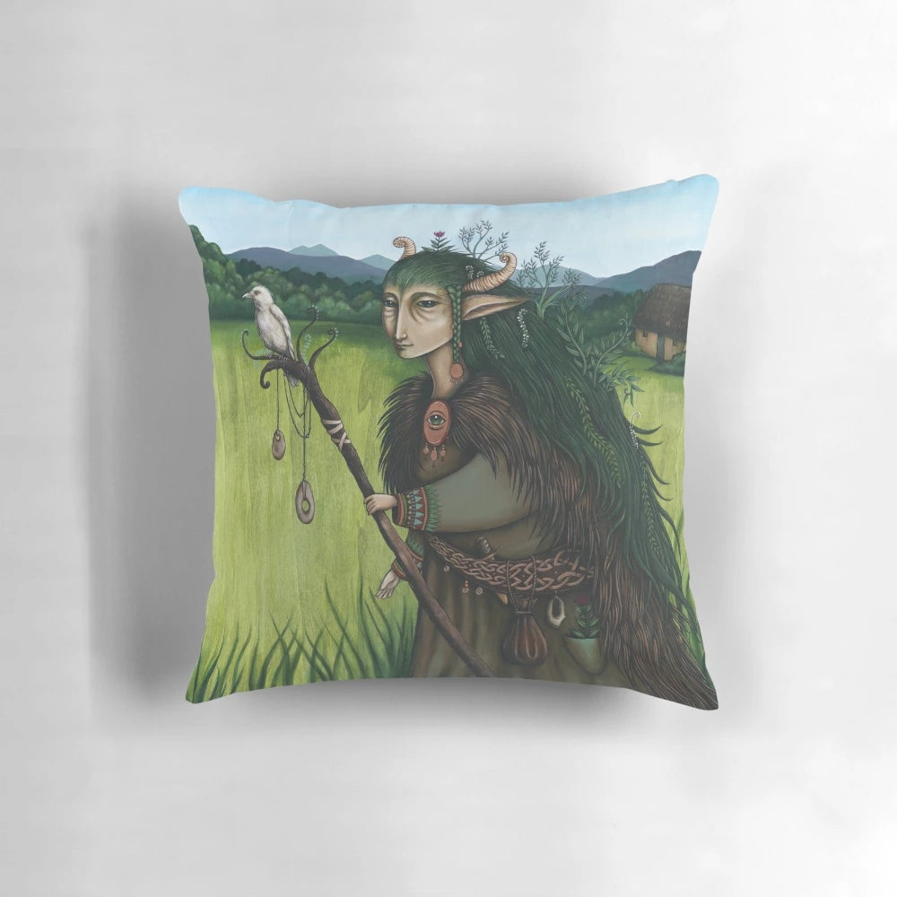 A cozy throw pillow featuring the mystical figure of the Cailleach, the ancient Scottish goddess of winter and the untamed wilderness.