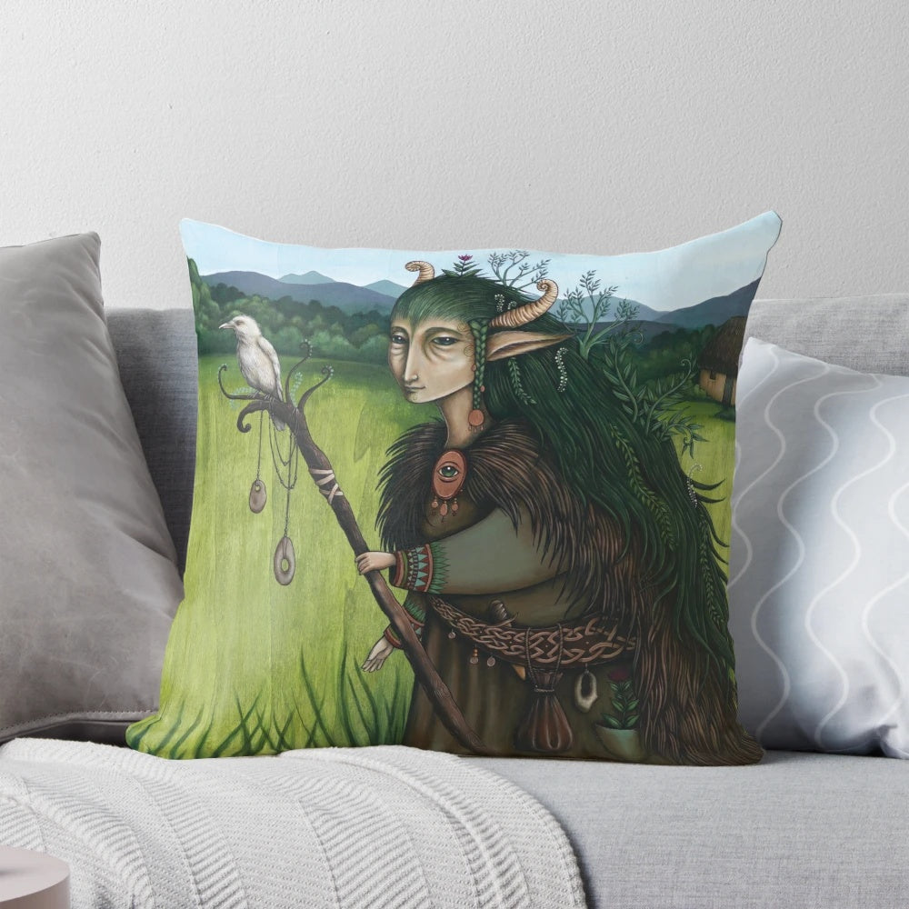 A cozy throw pillow featuring the mystical figure of the Cailleach, the ancient Scottish goddess of winter and the untamed wilderness.