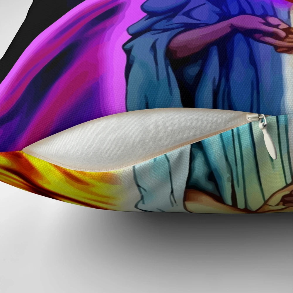 Pillow featuring the iconic Change of Heart card from the Yu-Gi-Oh! anime series with the Blue-Eyes White Dragon and Dark Magician.