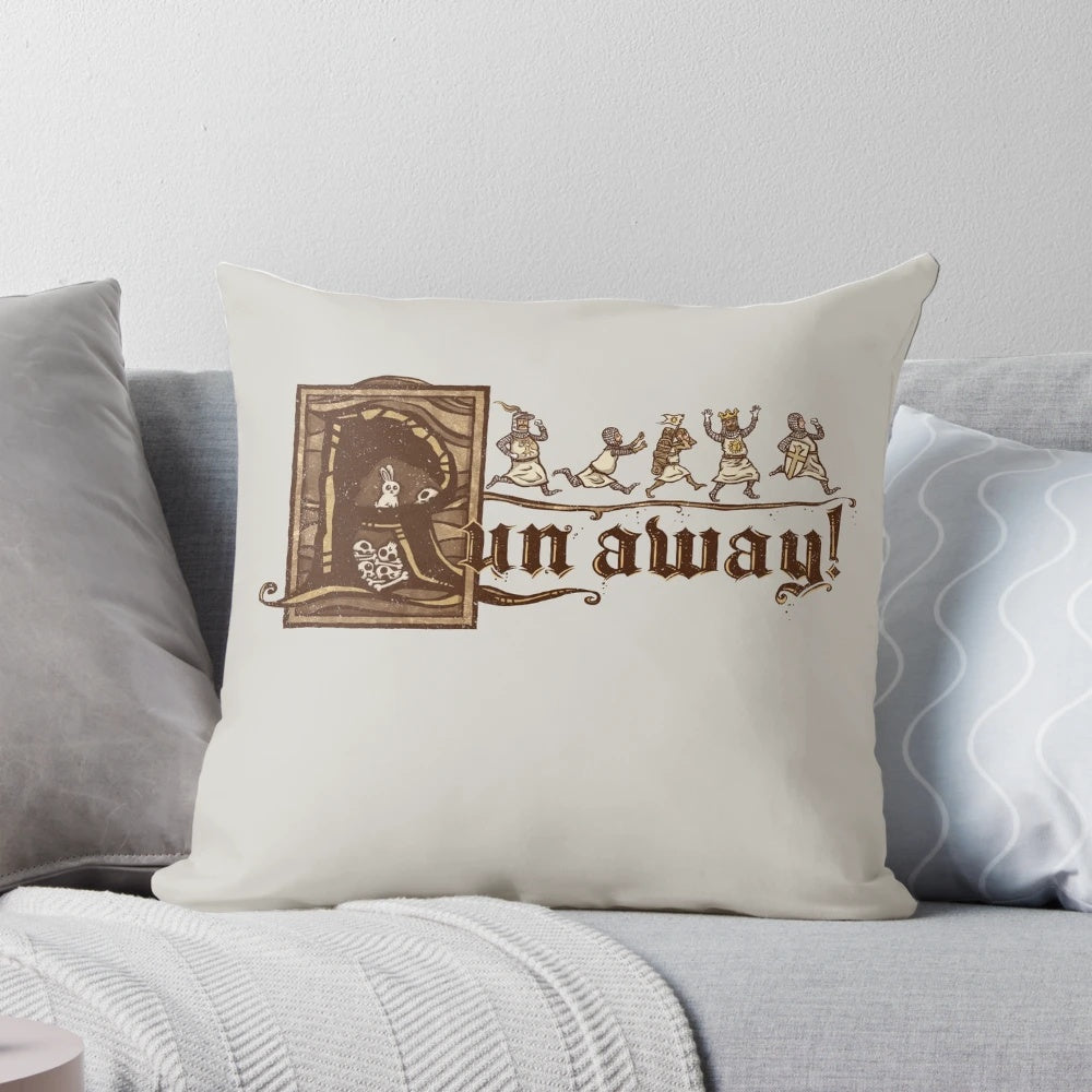 Monty Python inspired "Run Away!" pillow with iconic Holy Grail characters