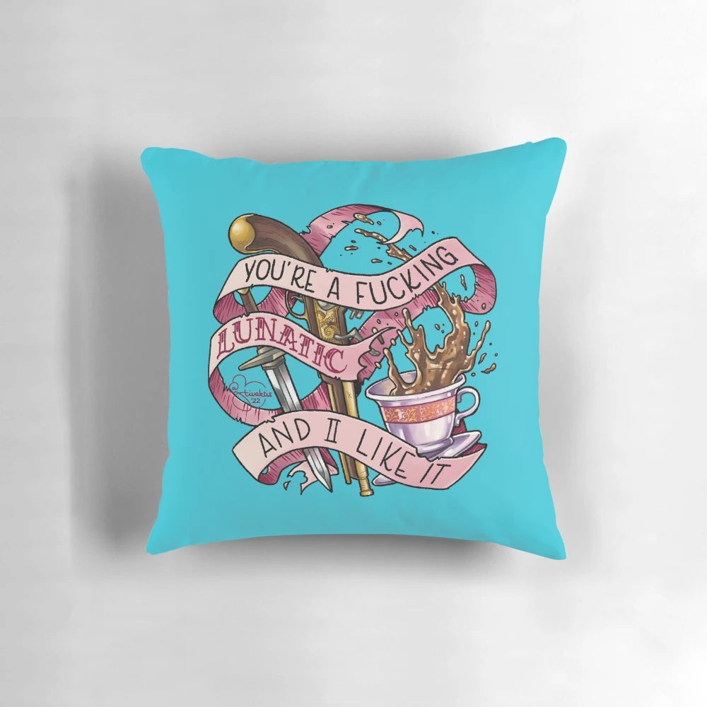 OFMD-inspired "Fucking Lunatic" throw pillow, featuring a bold and humorous design.