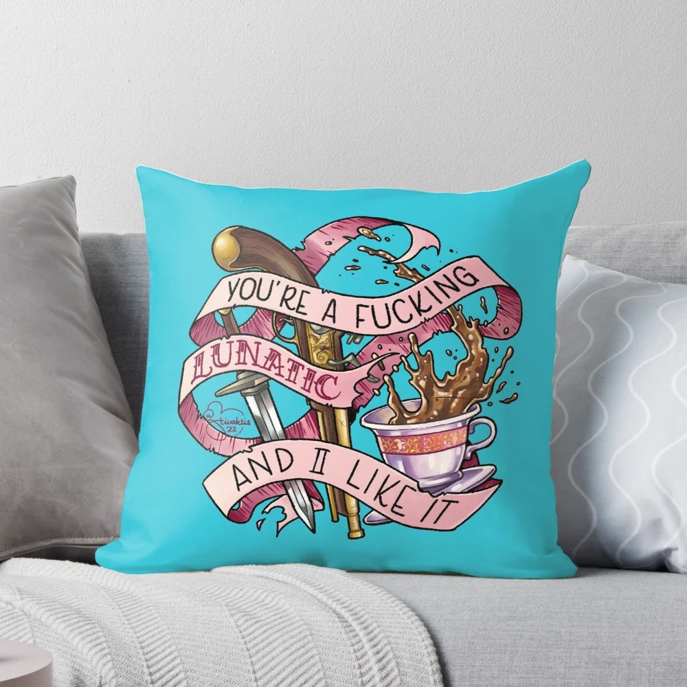 OFMD-inspired "Fucking Lunatic" throw pillow, featuring a bold and humorous design.