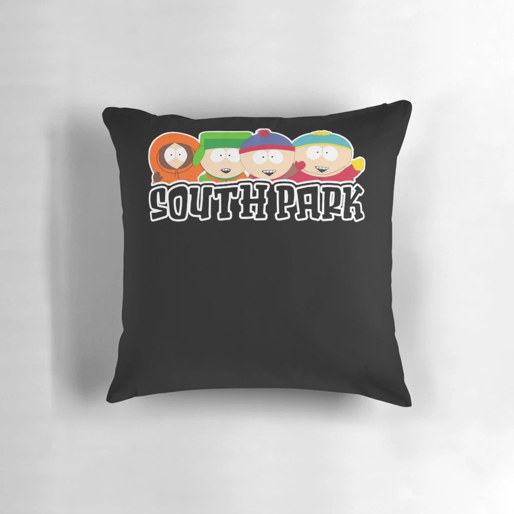 A colorful pillow featuring the iconic characters from the hit TV series South Park.