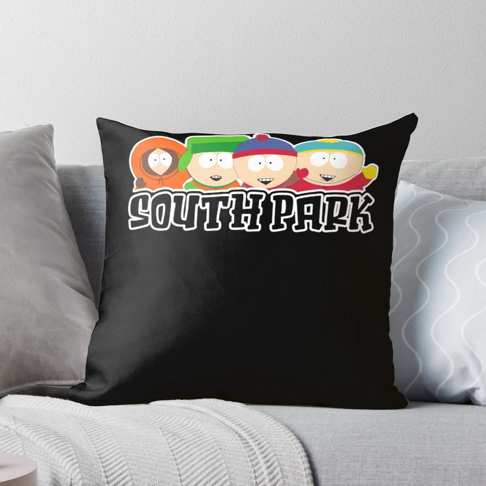 A colorful pillow featuring the iconic characters from the hit TV series South Park.