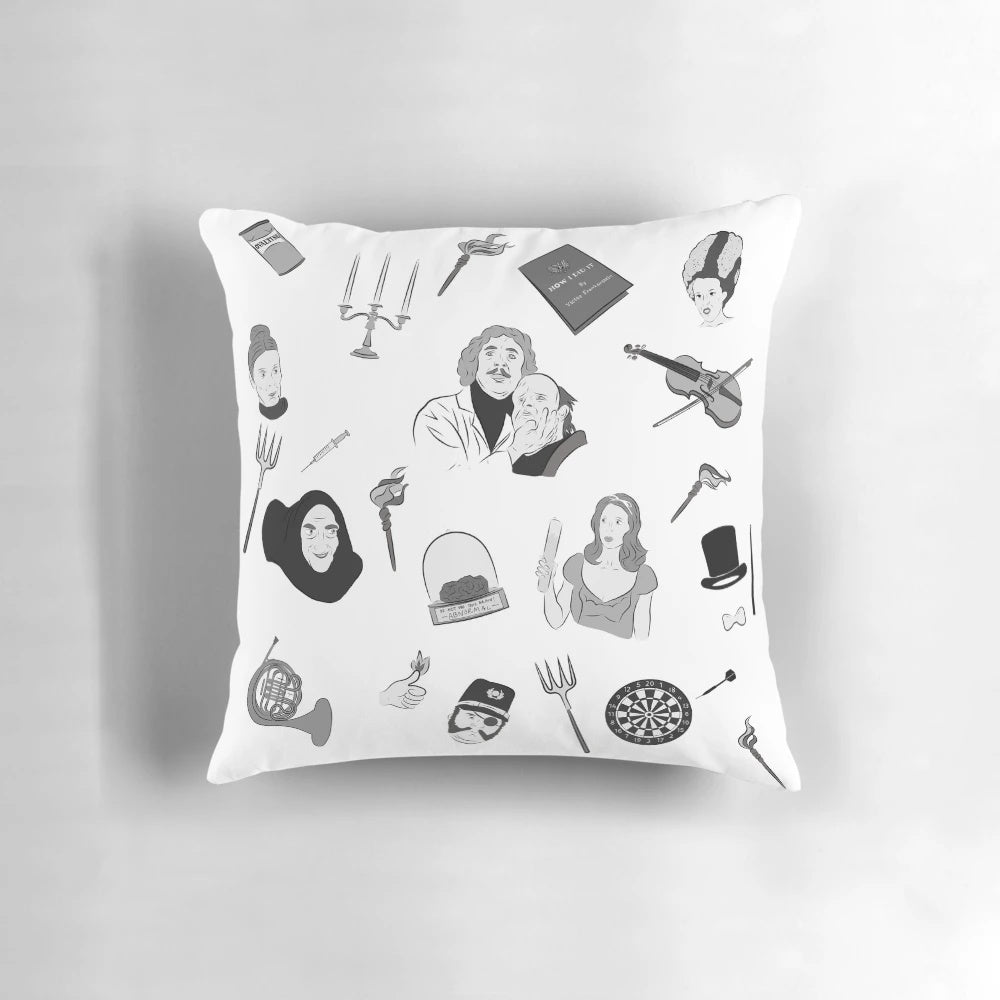 Young Frankenstein" themed pillow featuring Gene Wilder, Mel Brooks, and the iconic characters from the classic comedy