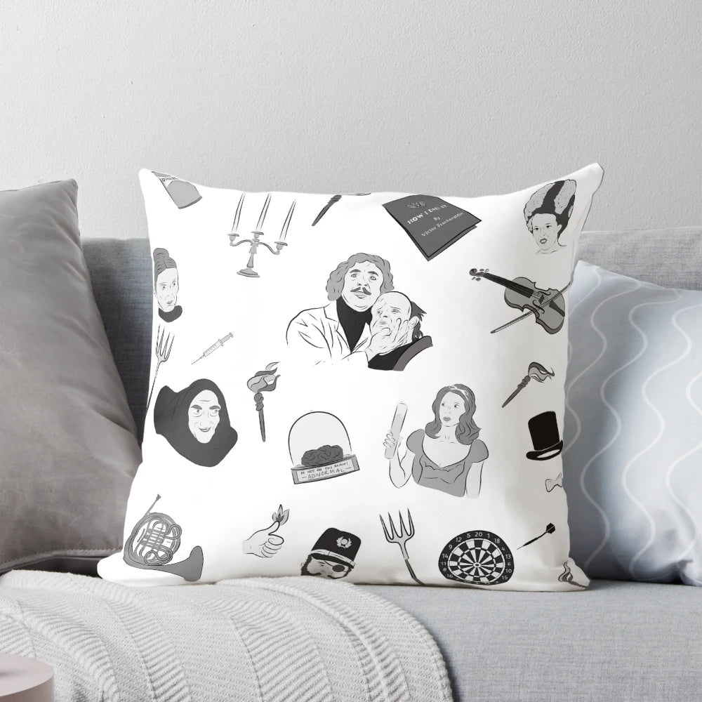 Young Frankenstein" themed pillow featuring Gene Wilder, Mel Brooks, and the iconic characters from the classic comedy