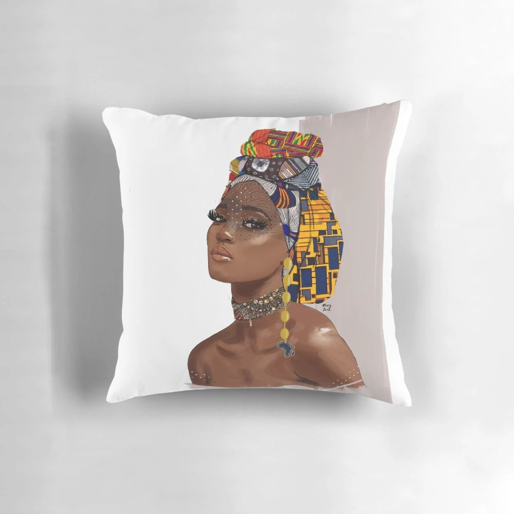 A soft, plush pillow in earthy tones, featuring a design inspired by African patterns and culture, perfect for rest and relaxation.