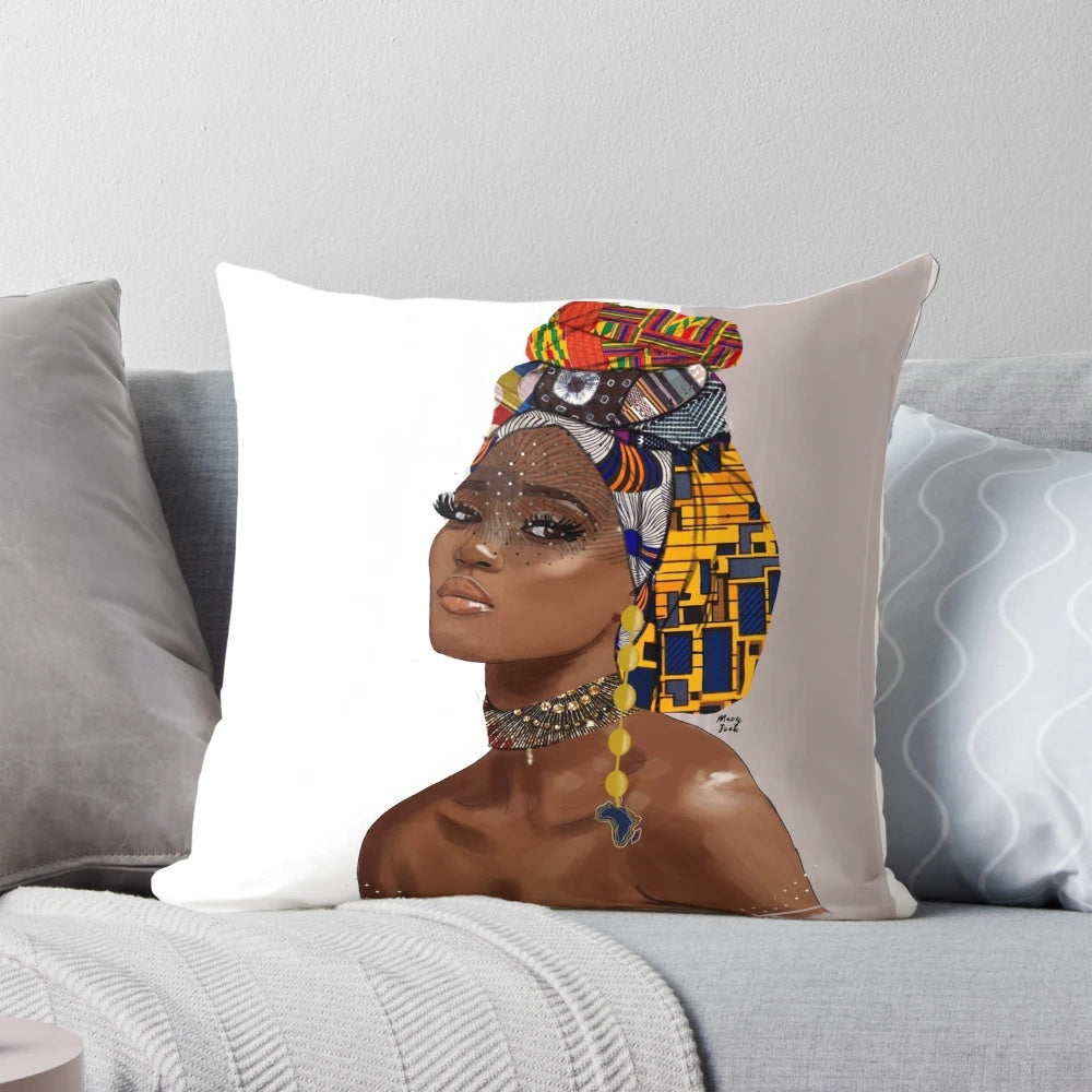 A soft, plush pillow in earthy tones, featuring a design inspired by African patterns and culture, perfect for rest and relaxation.