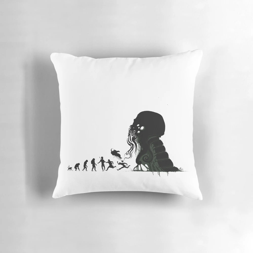 Silhouetted figures representing the Lovecraftian evolution from apes to cosmic horrors on a pillow design.