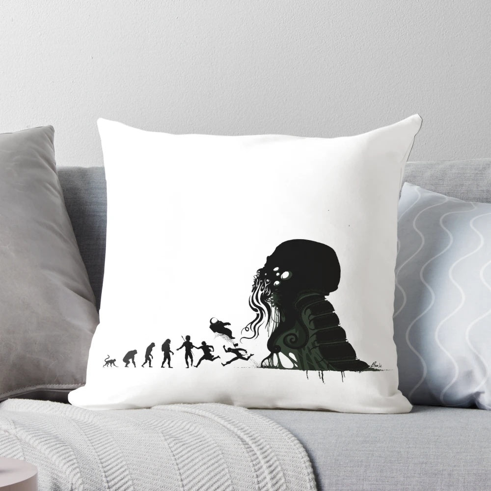 Silhouetted figures representing the Lovecraftian evolution from apes to cosmic horrors on a pillow design.