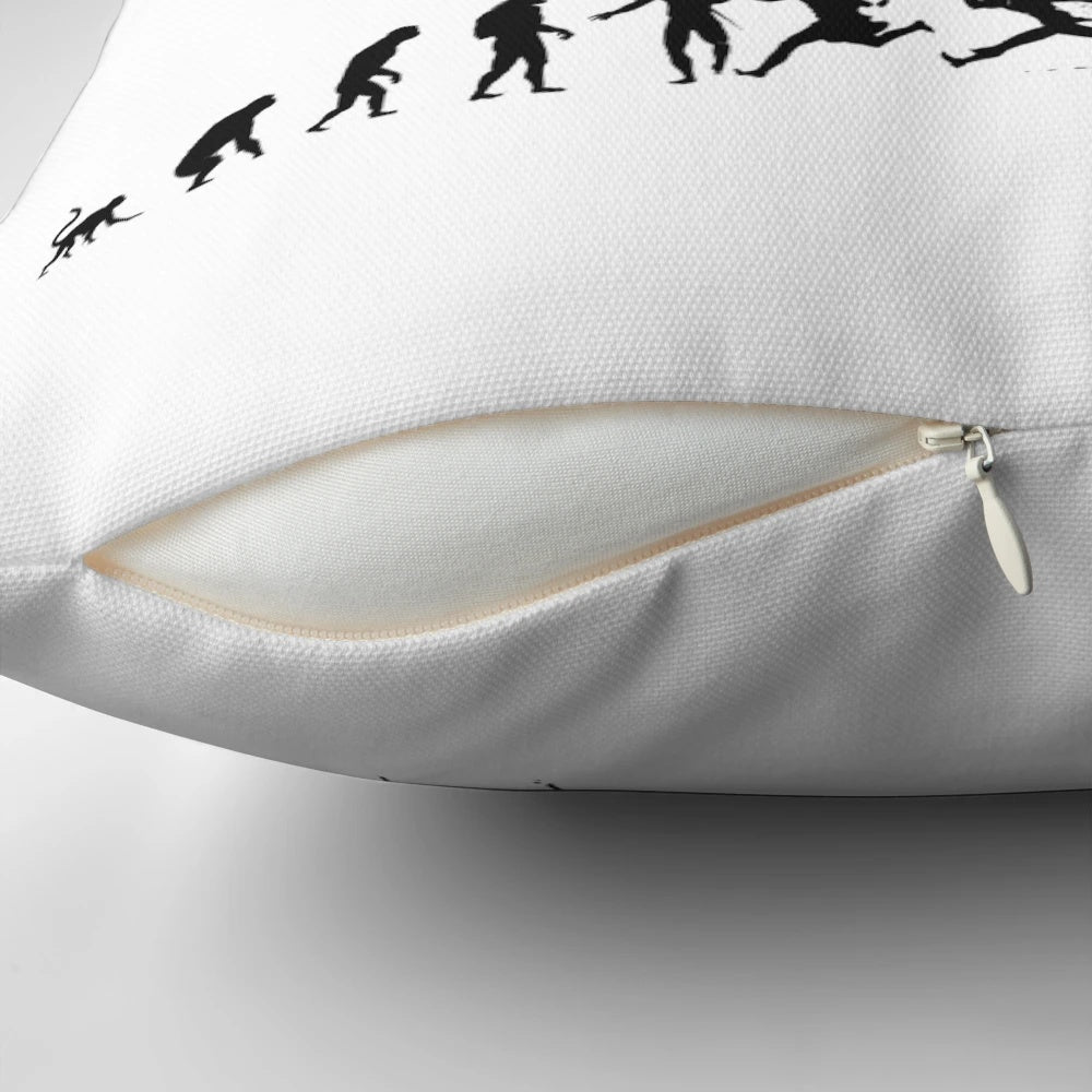 Silhouetted figures representing the Lovecraftian evolution from apes to cosmic horrors on a pillow design.