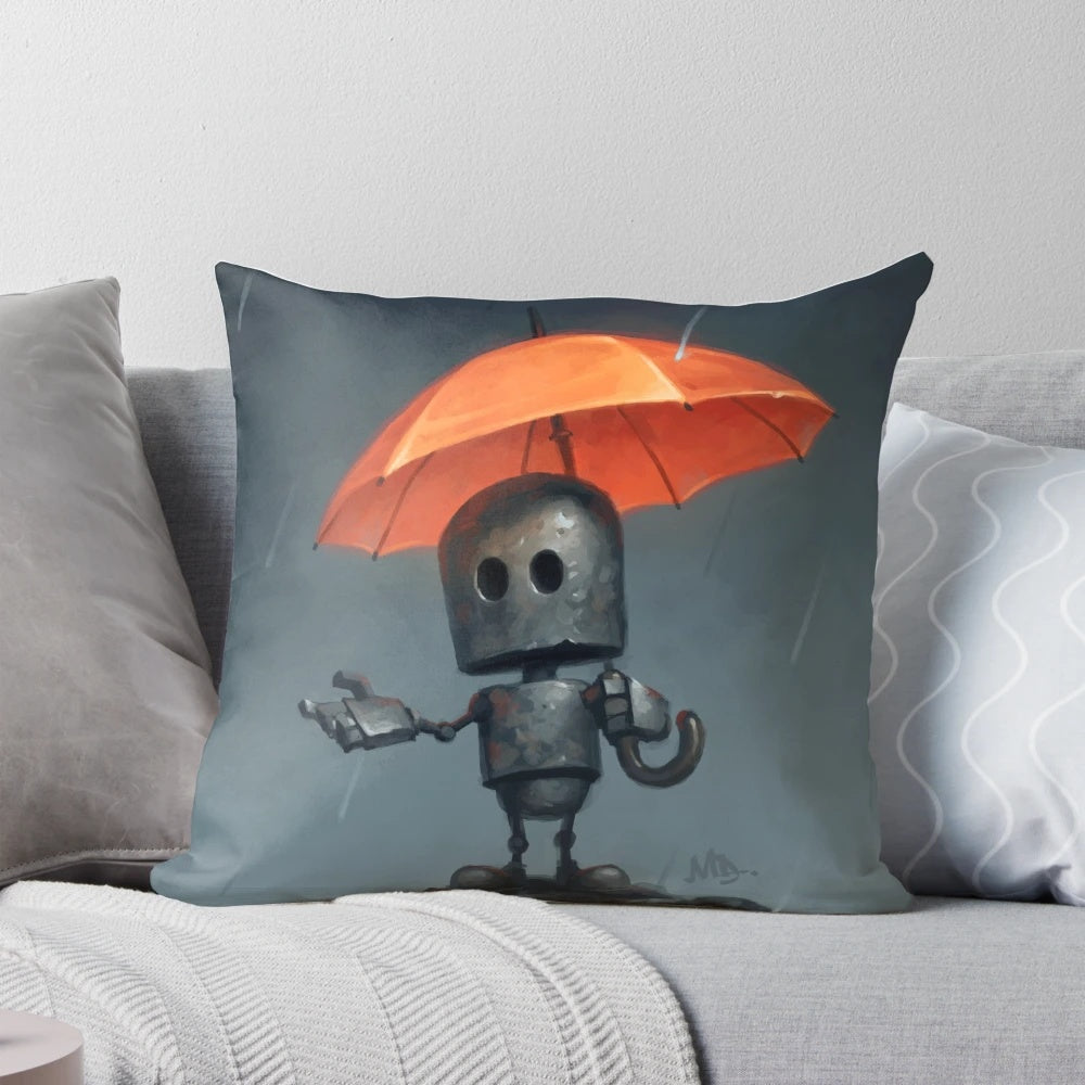 A whimsical gray and orange robot-shaped pillow holding an umbrella, capturing the emotions of the rainy season.