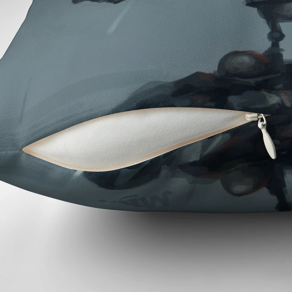 A whimsical gray and orange robot-shaped pillow holding an umbrella, capturing the emotions of the rainy season.