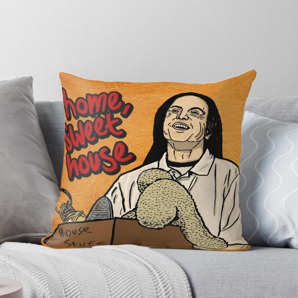 Tommy Wiseau's "Home Sweet House" Pillow, featuring iconic imagery from the cult classic "The Room