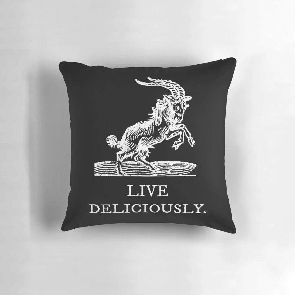 A captivating black and white pillow featuring occult and gothic imagery, perfect for embracing your inner witch.