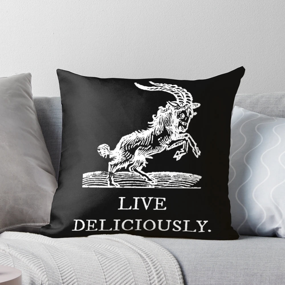 A captivating black and white pillow featuring occult and gothic imagery, perfect for embracing your inner witch.