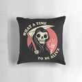 A vintage-inspired pillow featuring a grim reaper design, perfect for adding a touch of dark humor to your home decor.