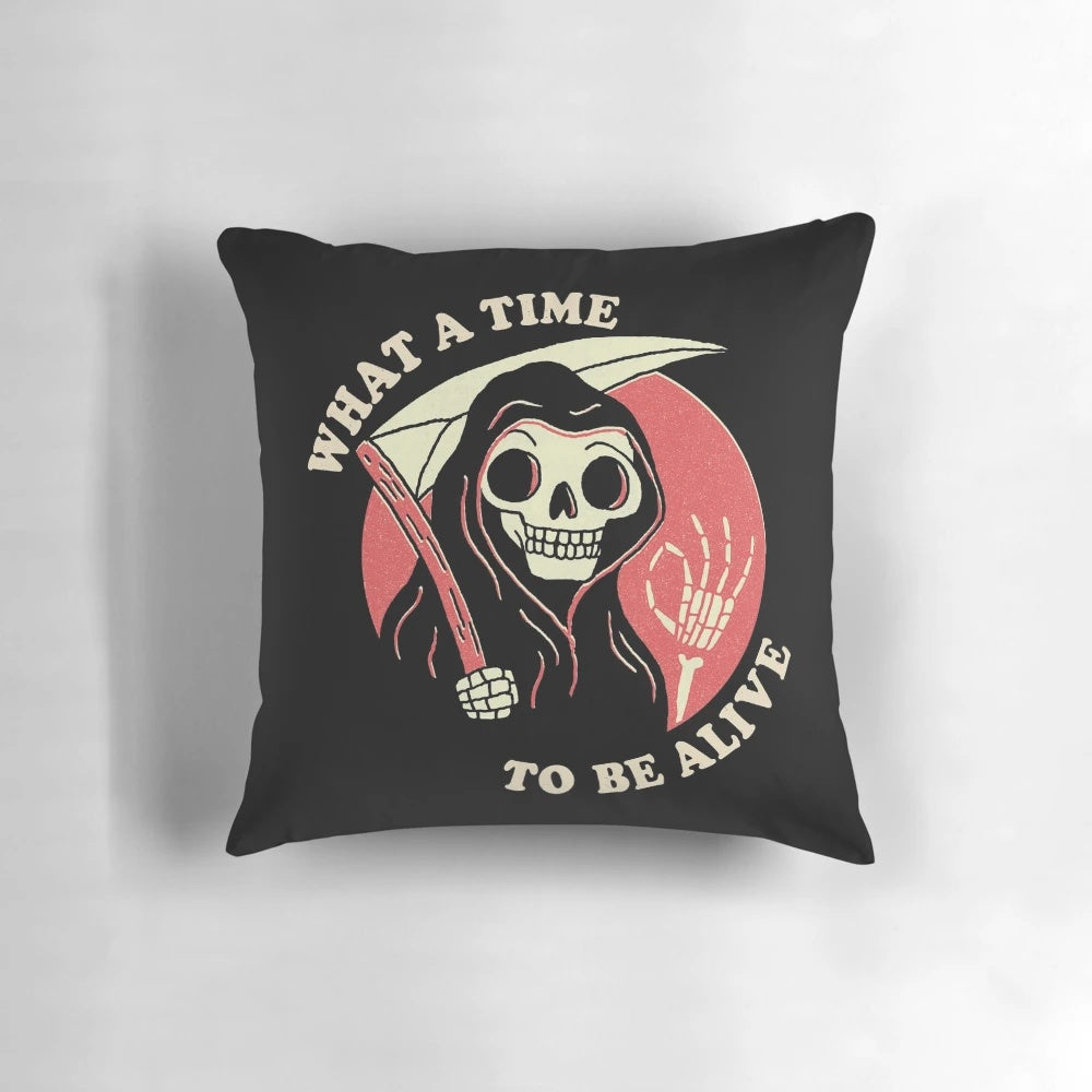A vintage-inspired pillow featuring a grim reaper design, perfect for adding a touch of dark humor to your home decor.