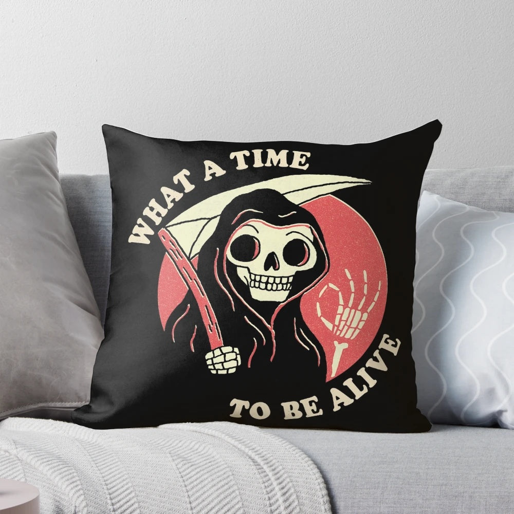 A vintage-inspired pillow featuring a grim reaper design, perfect for adding a touch of dark humor to your home decor.