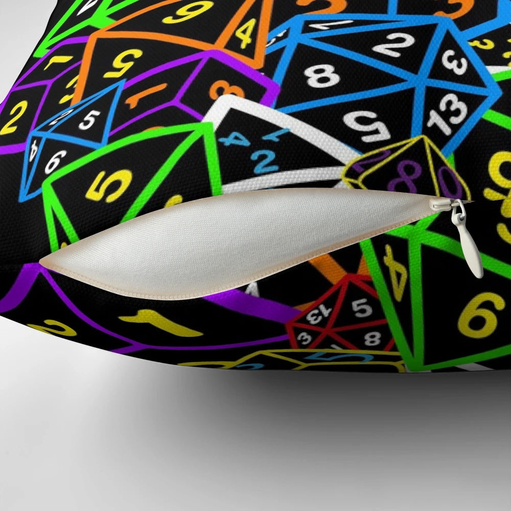 Dungeons & Dragons-themed pillow with dice and "This is how I roll!" text