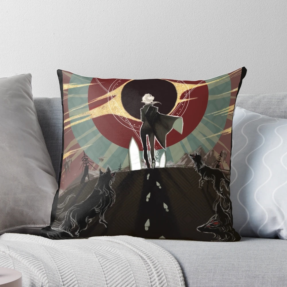 A cozy dragon age inquisition pillow featuring the dread wolf symbol and solavellan theme
