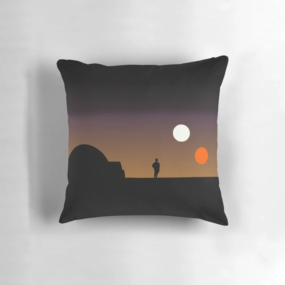 A double sunset pillow design featuring Rey and Kylo Ren, inspired by the iconic Tatooine scene from Star Wars: Rogue One