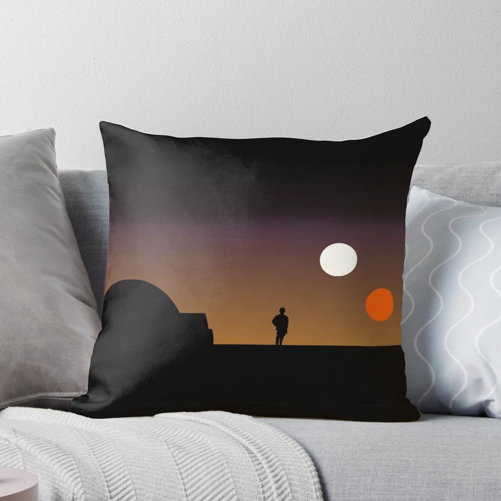 A double sunset pillow design featuring Rey and Kylo Ren, inspired by the iconic Tatooine scene from Star Wars: Rogue One