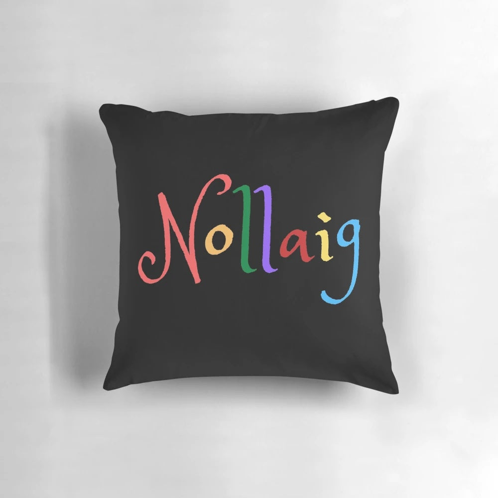 Cozy "Nollaig" Christmas pillow with Irish language artwork