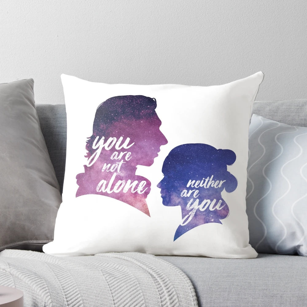 Reylo-inspired "You Are Not Alone" pillow featuring Kylo Ren and Rey from the Star Wars galaxy
