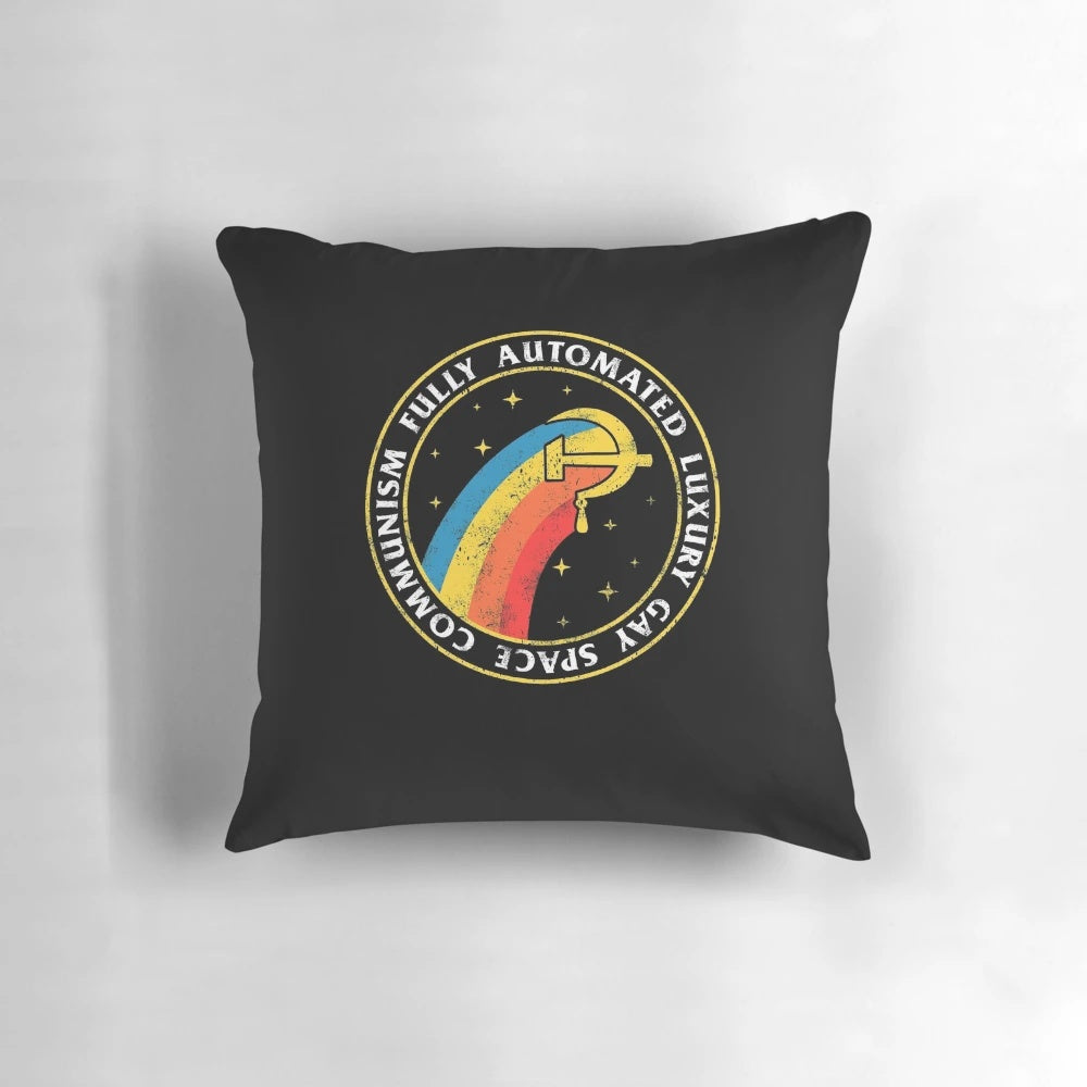 Decorative pillow featuring the hammer and sickle symbol, representing the ideals of fully automated luxury gay space communism.