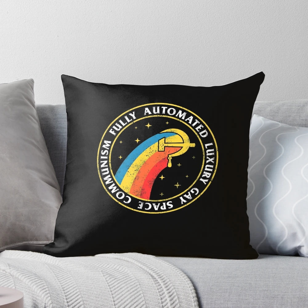 Decorative pillow featuring the hammer and sickle symbol, representing the ideals of fully automated luxury gay space communism.