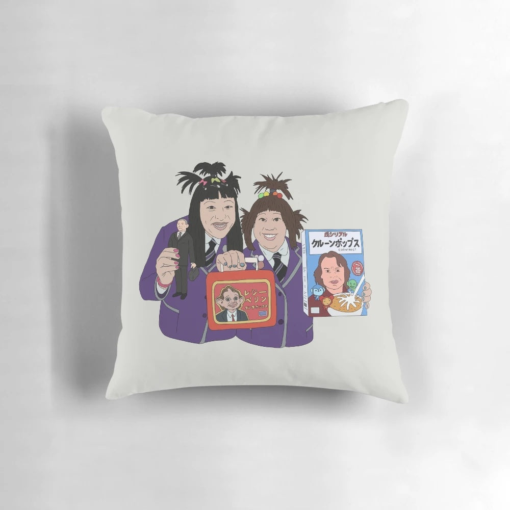 A cozy pillow featuring the iconic comedy characters from 'Come Fly With Me' and Martin Clunes, perfect for fans of British humor.