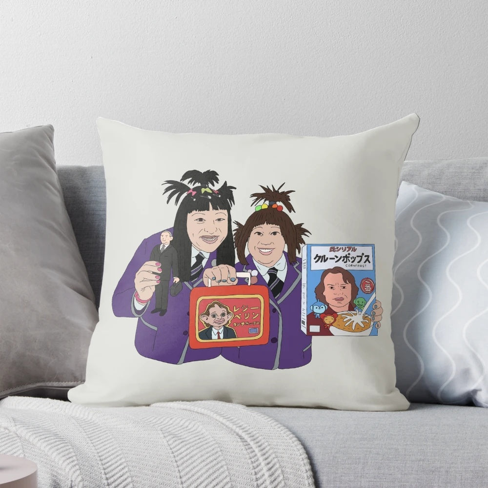 A cozy pillow featuring the iconic comedy characters from 'Come Fly With Me' and Martin Clunes, perfect for fans of British humor.