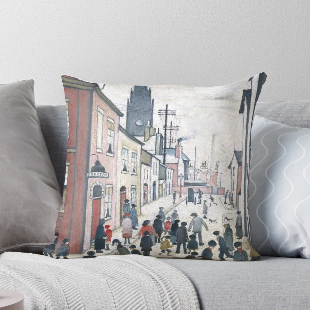 L.S. Lowry Pillow featuring the renowned artist's distinctive style and depictions of urban life